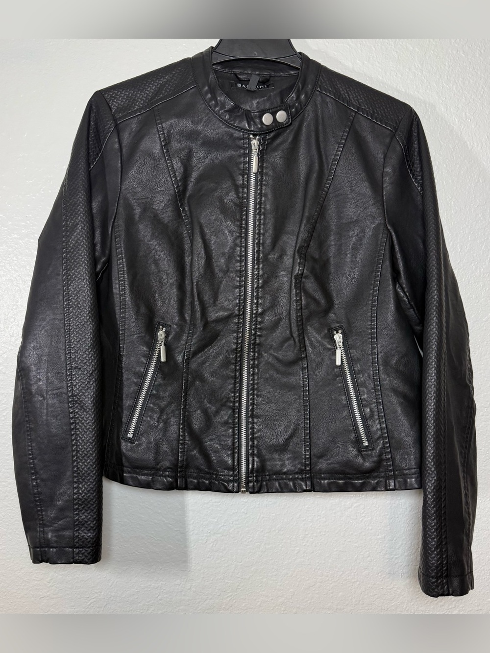 Women Black Biker Jacket Size L Zip Snap Collar Zipped Pockets Short by BACCINI